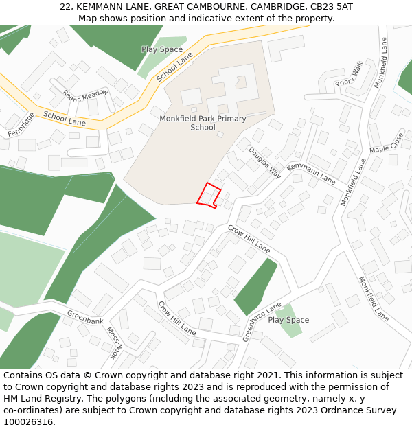22, KEMMANN LANE, GREAT CAMBOURNE, CAMBRIDGE, CB23 5AT: Location map and indicative extent of plot
