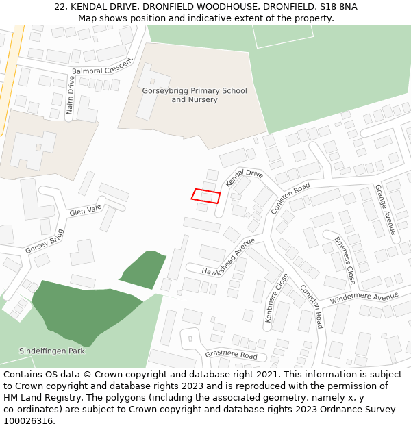 22, KENDAL DRIVE, DRONFIELD WOODHOUSE, DRONFIELD, S18 8NA: Location map and indicative extent of plot