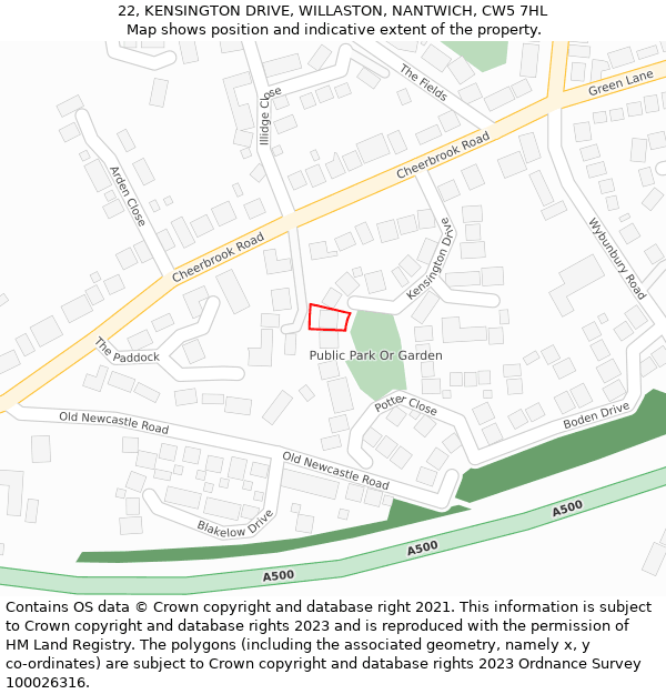 22, KENSINGTON DRIVE, WILLASTON, NANTWICH, CW5 7HL: Location map and indicative extent of plot