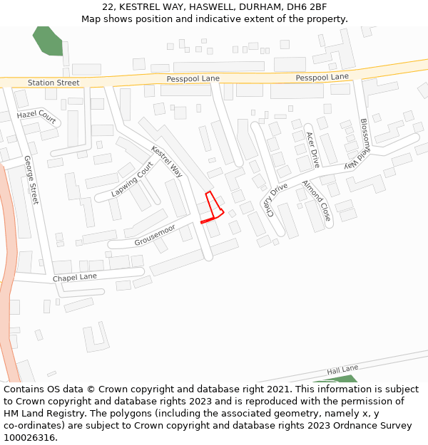 22, KESTREL WAY, HASWELL, DURHAM, DH6 2BF: Location map and indicative extent of plot