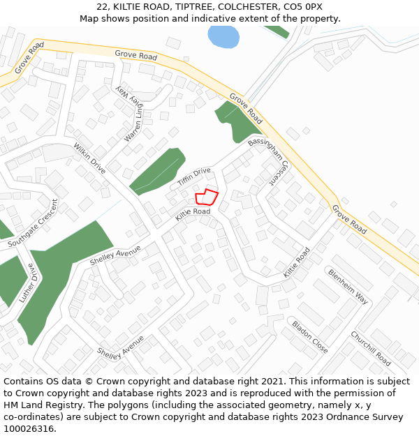 22, KILTIE ROAD, TIPTREE, COLCHESTER, CO5 0PX: Location map and indicative extent of plot