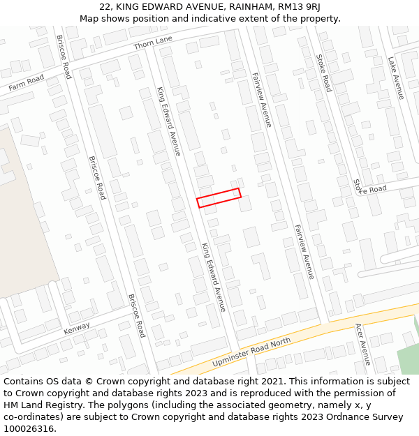 22, KING EDWARD AVENUE, RAINHAM, RM13 9RJ: Location map and indicative extent of plot