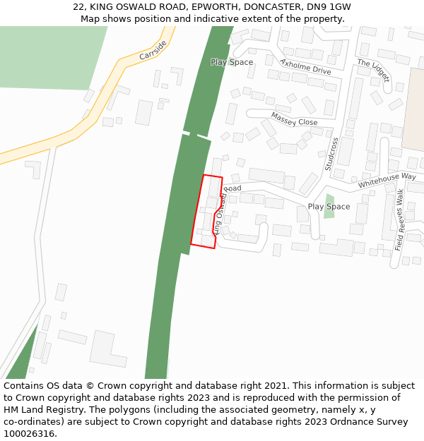 22, KING OSWALD ROAD, EPWORTH, DONCASTER, DN9 1GW: Location map and indicative extent of plot