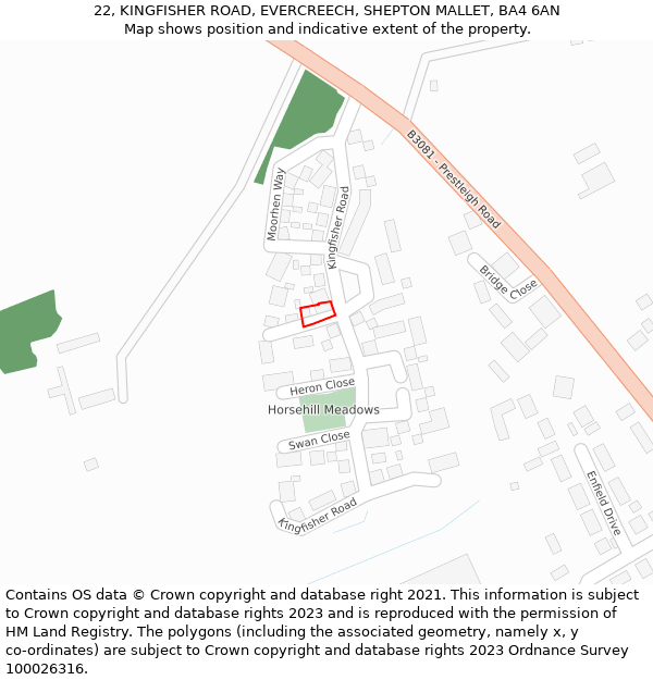 22, KINGFISHER ROAD, EVERCREECH, SHEPTON MALLET, BA4 6AN: Location map and indicative extent of plot