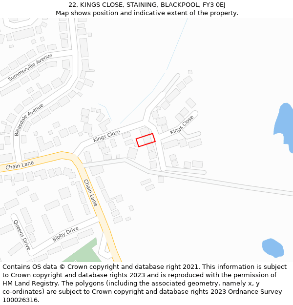 22, KINGS CLOSE, STAINING, BLACKPOOL, FY3 0EJ: Location map and indicative extent of plot