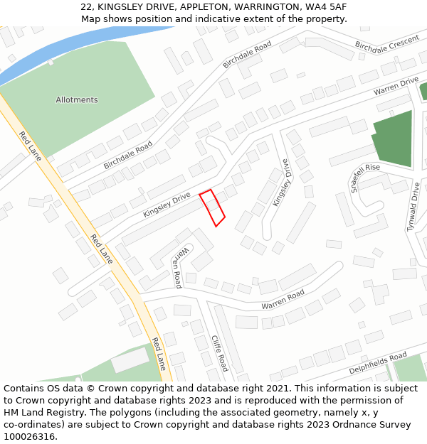 22, KINGSLEY DRIVE, APPLETON, WARRINGTON, WA4 5AF: Location map and indicative extent of plot