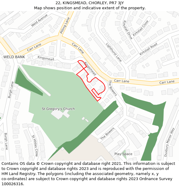 22, KINGSMEAD, CHORLEY, PR7 3JY: Location map and indicative extent of plot