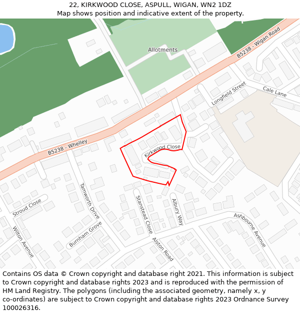 22, KIRKWOOD CLOSE, ASPULL, WIGAN, WN2 1DZ: Location map and indicative extent of plot