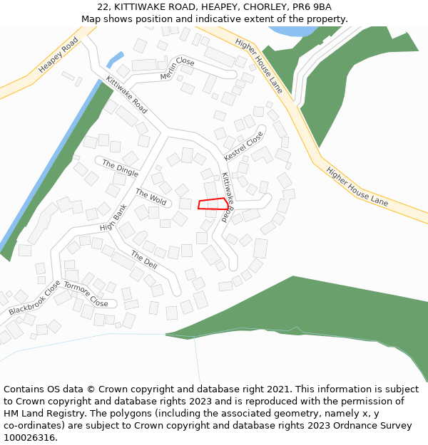 22, KITTIWAKE ROAD, HEAPEY, CHORLEY, PR6 9BA: Location map and indicative extent of plot