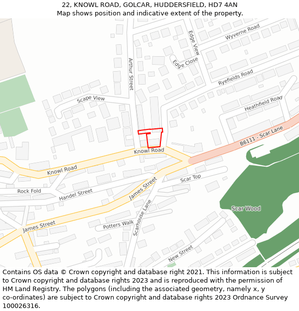 22, KNOWL ROAD, GOLCAR, HUDDERSFIELD, HD7 4AN: Location map and indicative extent of plot