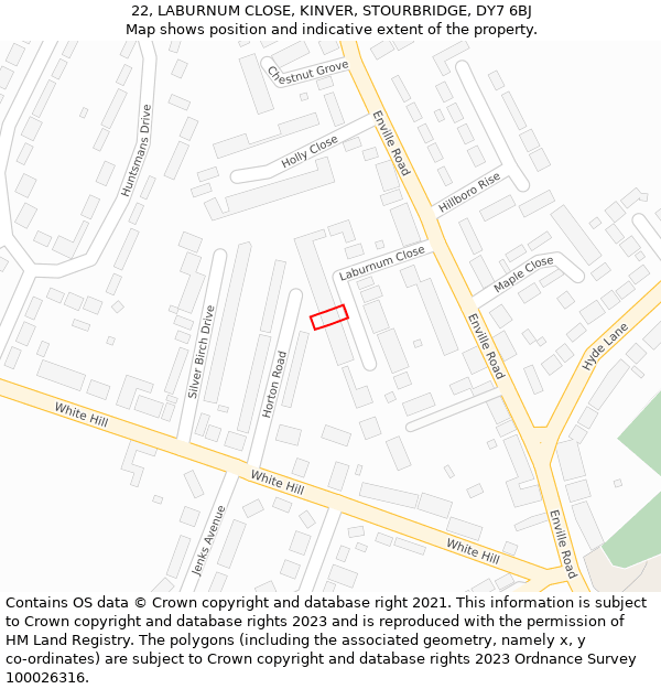 22, LABURNUM CLOSE, KINVER, STOURBRIDGE, DY7 6BJ: Location map and indicative extent of plot