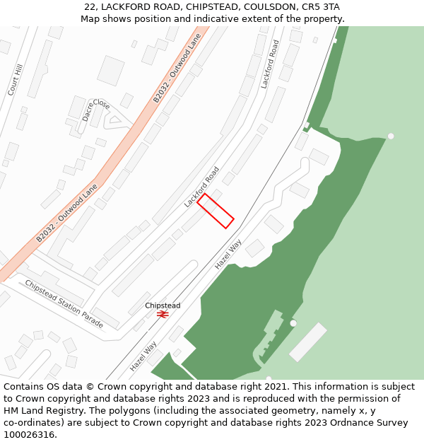 22, LACKFORD ROAD, CHIPSTEAD, COULSDON, CR5 3TA: Location map and indicative extent of plot