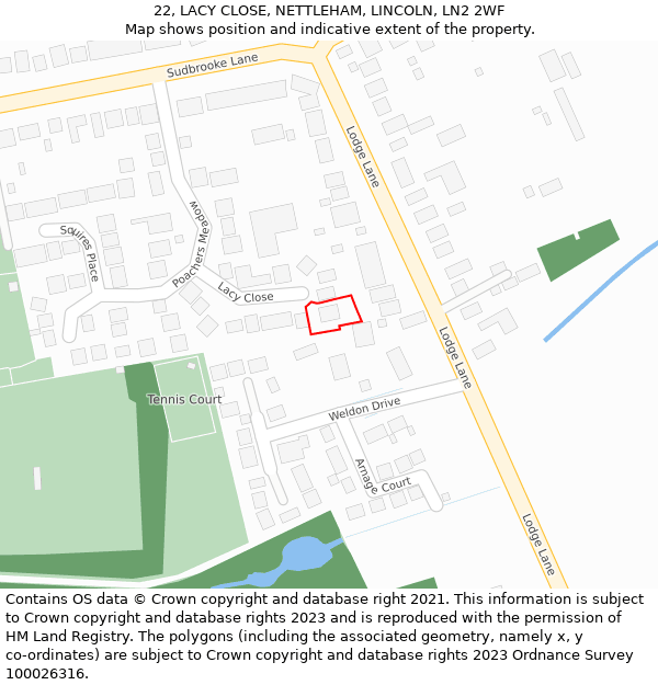 22, LACY CLOSE, NETTLEHAM, LINCOLN, LN2 2WF: Location map and indicative extent of plot