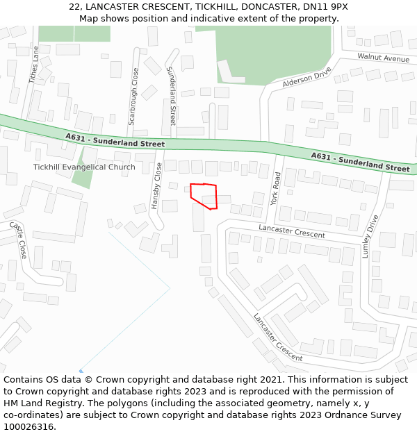 22, LANCASTER CRESCENT, TICKHILL, DONCASTER, DN11 9PX: Location map and indicative extent of plot