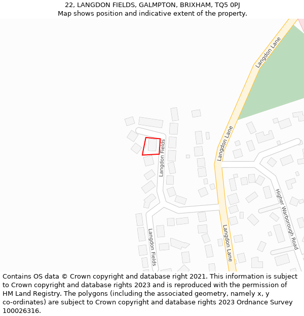 22, LANGDON FIELDS, GALMPTON, BRIXHAM, TQ5 0PJ: Location map and indicative extent of plot
