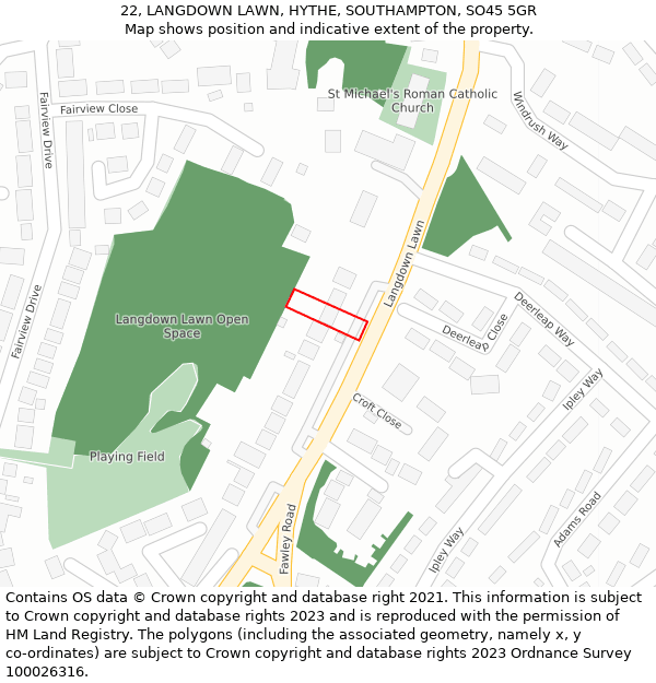 22, LANGDOWN LAWN, HYTHE, SOUTHAMPTON, SO45 5GR: Location map and indicative extent of plot