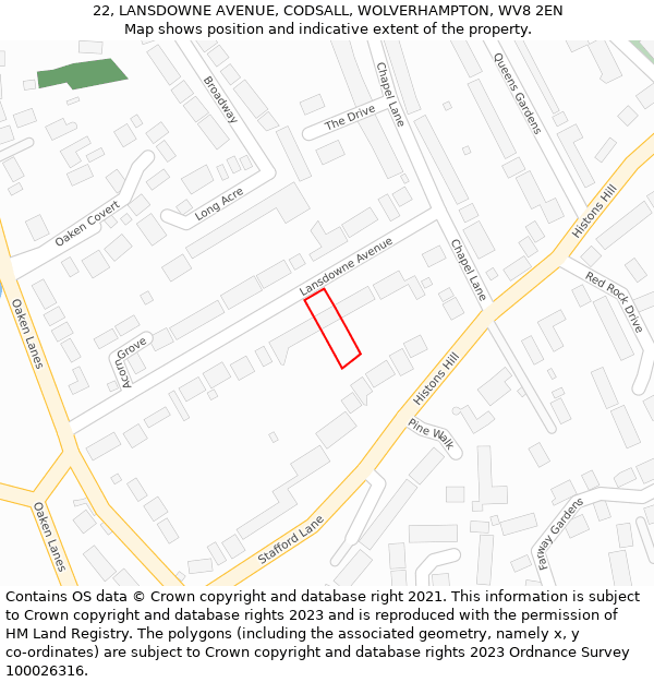 22, LANSDOWNE AVENUE, CODSALL, WOLVERHAMPTON, WV8 2EN: Location map and indicative extent of plot