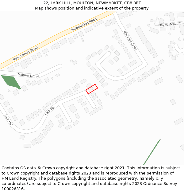 22, LARK HILL, MOULTON, NEWMARKET, CB8 8RT: Location map and indicative extent of plot