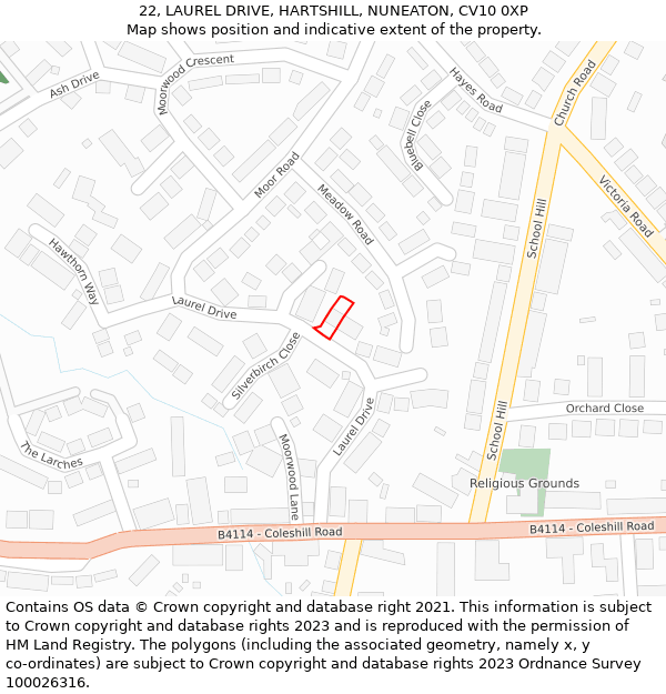 22, LAUREL DRIVE, HARTSHILL, NUNEATON, CV10 0XP: Location map and indicative extent of plot