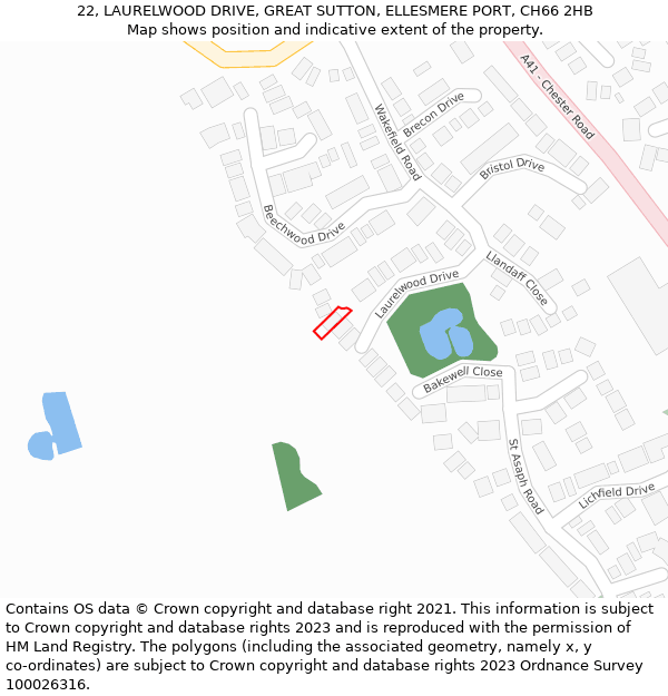 22, LAURELWOOD DRIVE, GREAT SUTTON, ELLESMERE PORT, CH66 2HB: Location map and indicative extent of plot