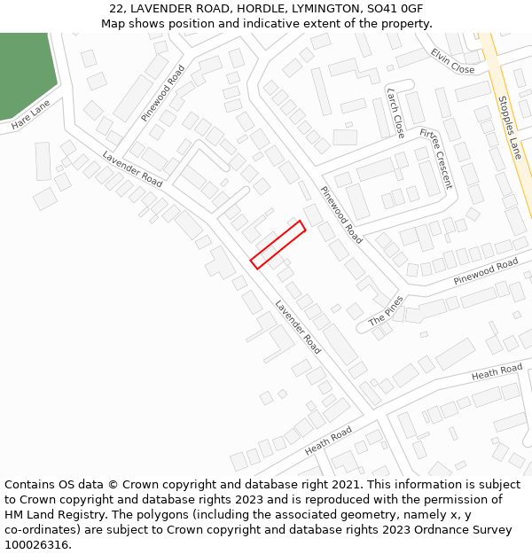 22, LAVENDER ROAD, HORDLE, LYMINGTON, SO41 0GF: Location map and indicative extent of plot