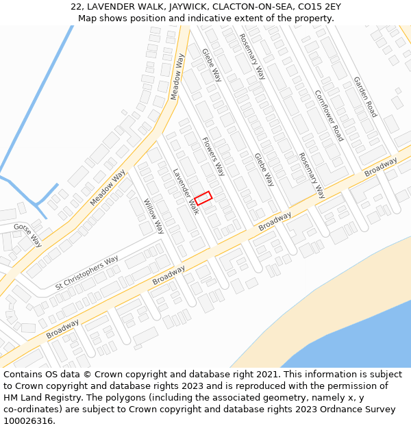 22, LAVENDER WALK, JAYWICK, CLACTON-ON-SEA, CO15 2EY: Location map and indicative extent of plot