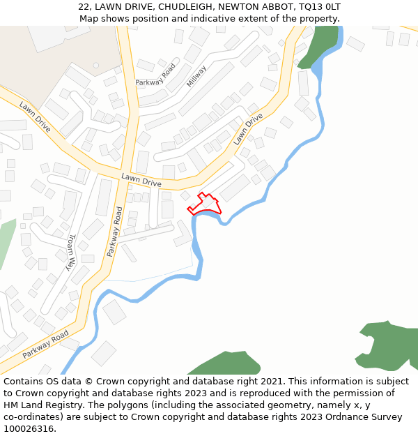 22, LAWN DRIVE, CHUDLEIGH, NEWTON ABBOT, TQ13 0LT: Location map and indicative extent of plot