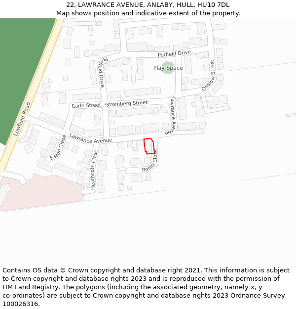 22, LAWRANCE AVENUE, ANLABY, HULL, HU10 7DL: Location map and indicative extent of plot