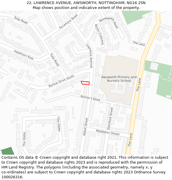 22, LAWRENCE AVENUE, AWSWORTH, NOTTINGHAM, NG16 2SN: Location map and indicative extent of plot