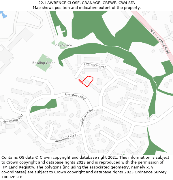 22, LAWRENCE CLOSE, CRANAGE, CREWE, CW4 8FA: Location map and indicative extent of plot