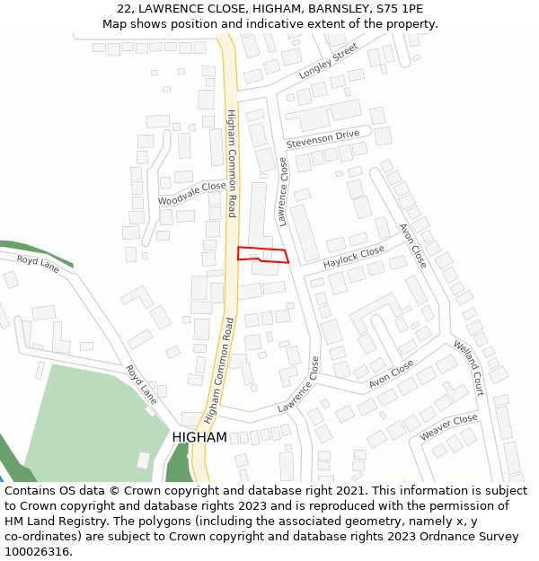 22, LAWRENCE CLOSE, HIGHAM, BARNSLEY, S75 1PE: Location map and indicative extent of plot