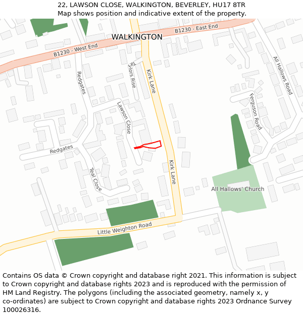 22, LAWSON CLOSE, WALKINGTON, BEVERLEY, HU17 8TR: Location map and indicative extent of plot