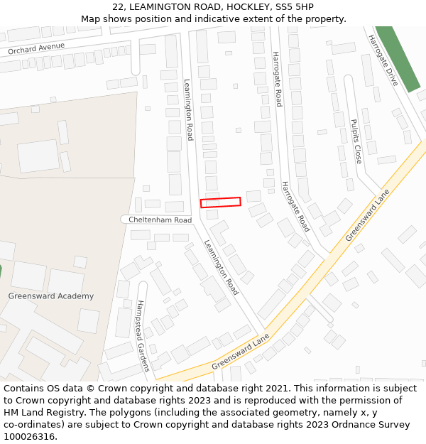 22, LEAMINGTON ROAD, HOCKLEY, SS5 5HP: Location map and indicative extent of plot