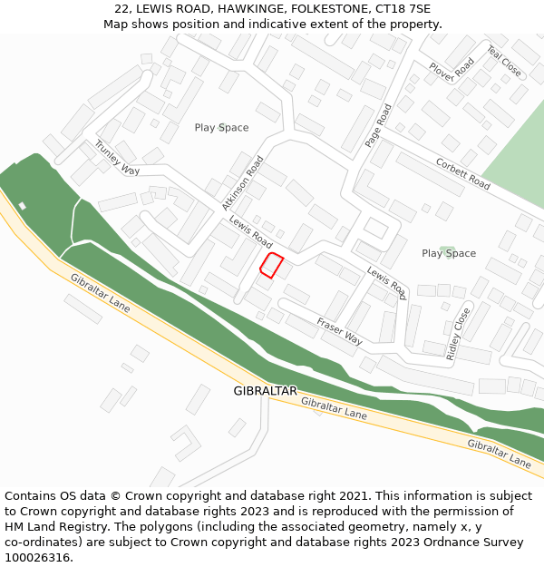 22, LEWIS ROAD, HAWKINGE, FOLKESTONE, CT18 7SE: Location map and indicative extent of plot