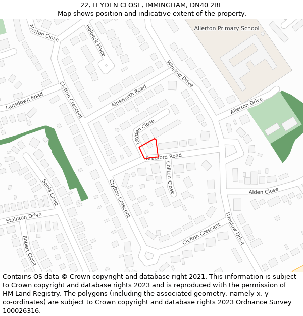 22, LEYDEN CLOSE, IMMINGHAM, DN40 2BL: Location map and indicative extent of plot