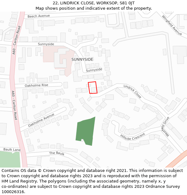 22, LINDRICK CLOSE, WORKSOP, S81 0JT: Location map and indicative extent of plot