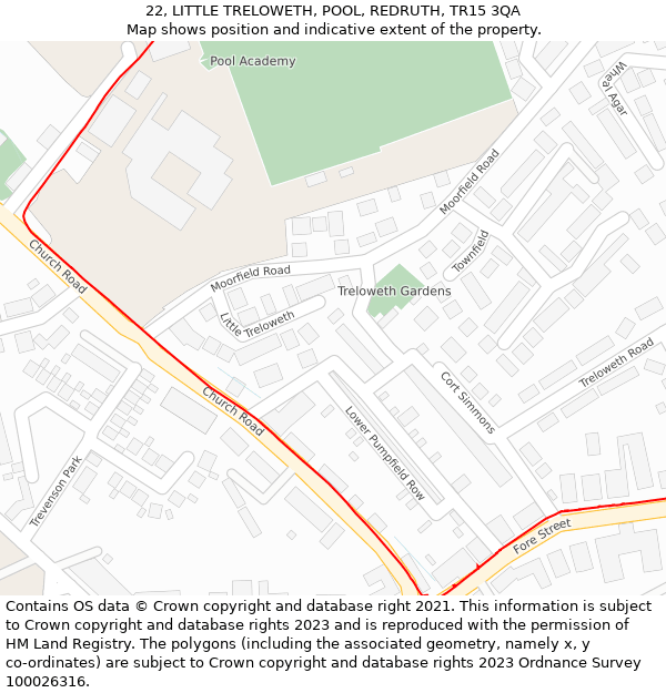 22, LITTLE TRELOWETH, POOL, REDRUTH, TR15 3QA: Location map and indicative extent of plot