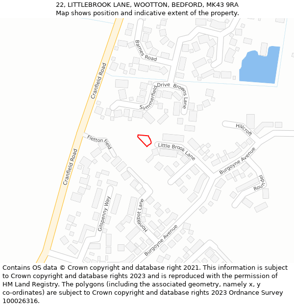 22, LITTLEBROOK LANE, WOOTTON, BEDFORD, MK43 9RA: Location map and indicative extent of plot