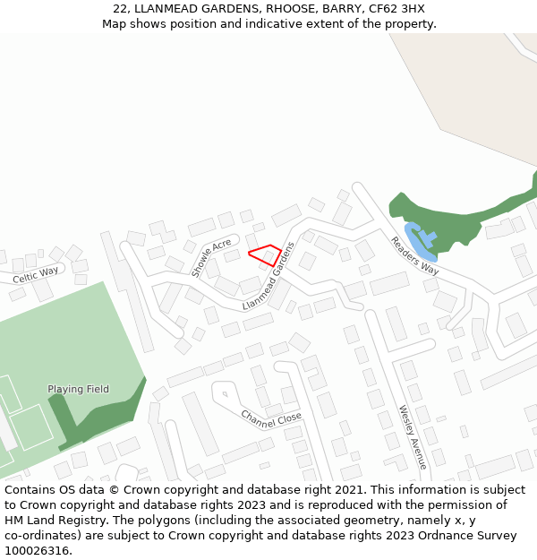 22, LLANMEAD GARDENS, RHOOSE, BARRY, CF62 3HX: Location map and indicative extent of plot