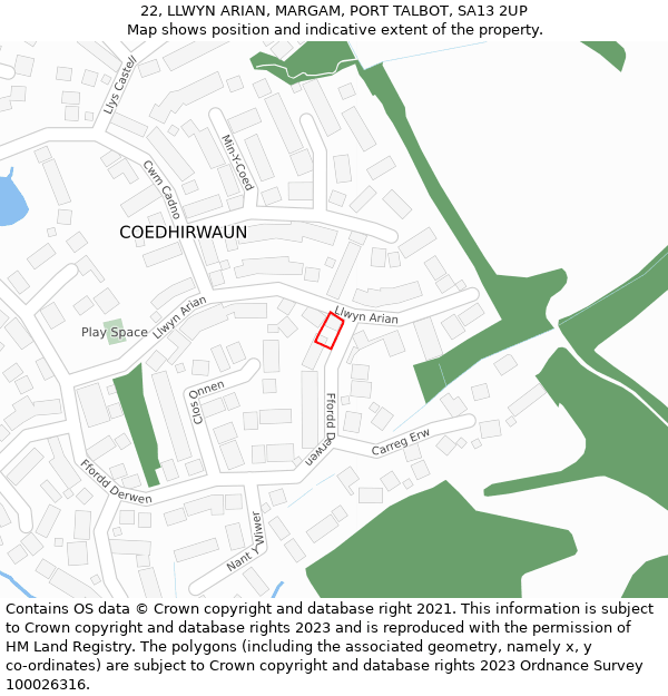 22, LLWYN ARIAN, MARGAM, PORT TALBOT, SA13 2UP: Location map and indicative extent of plot