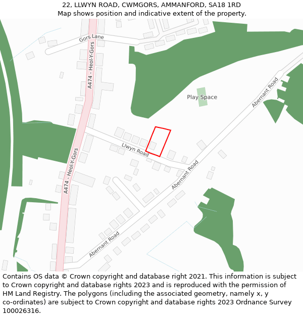 22, LLWYN ROAD, CWMGORS, AMMANFORD, SA18 1RD: Location map and indicative extent of plot