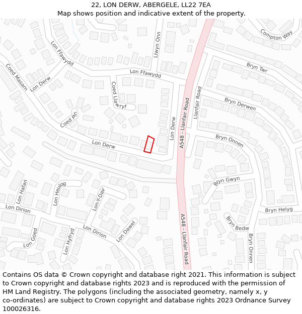 22, LON DERW, ABERGELE, LL22 7EA: Location map and indicative extent of plot