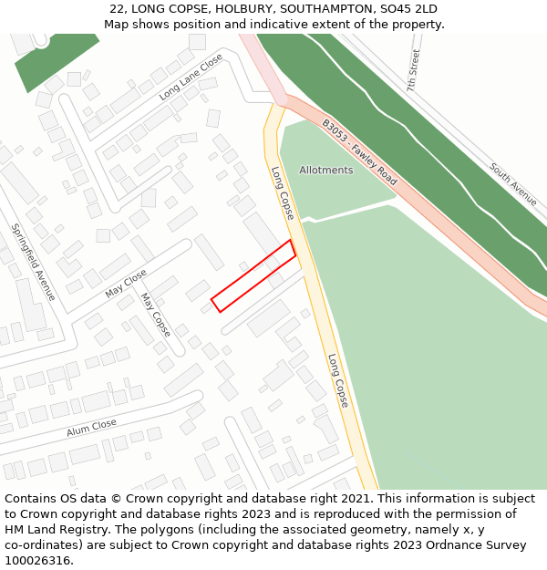 22, LONG COPSE, HOLBURY, SOUTHAMPTON, SO45 2LD: Location map and indicative extent of plot