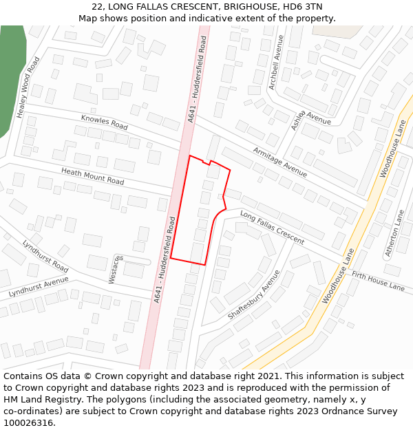 22, LONG FALLAS CRESCENT, BRIGHOUSE, HD6 3TN: Location map and indicative extent of plot