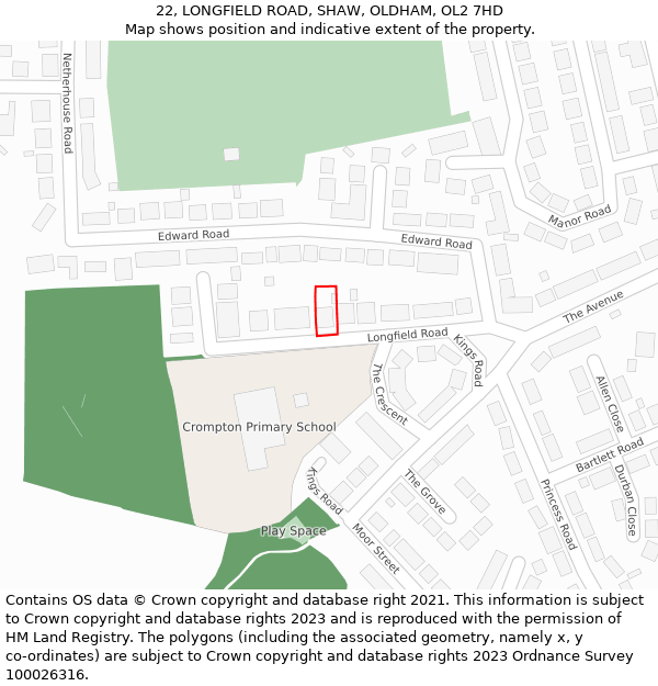 22, LONGFIELD ROAD, SHAW, OLDHAM, OL2 7HD: Location map and indicative extent of plot