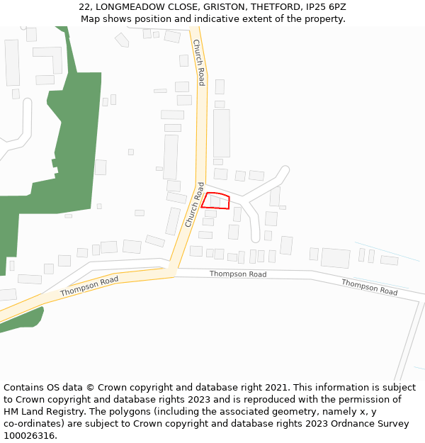 22, LONGMEADOW CLOSE, GRISTON, THETFORD, IP25 6PZ: Location map and indicative extent of plot