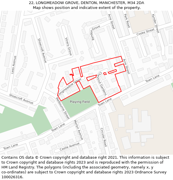 22, LONGMEADOW GROVE, DENTON, MANCHESTER, M34 2DA: Location map and indicative extent of plot