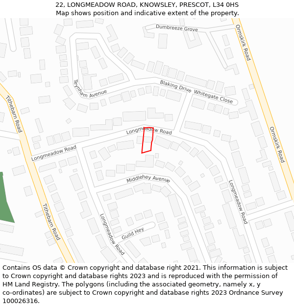 22, LONGMEADOW ROAD, KNOWSLEY, PRESCOT, L34 0HS: Location map and indicative extent of plot