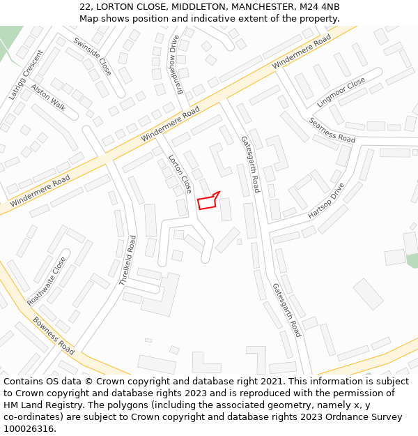 22, LORTON CLOSE, MIDDLETON, MANCHESTER, M24 4NB: Location map and indicative extent of plot
