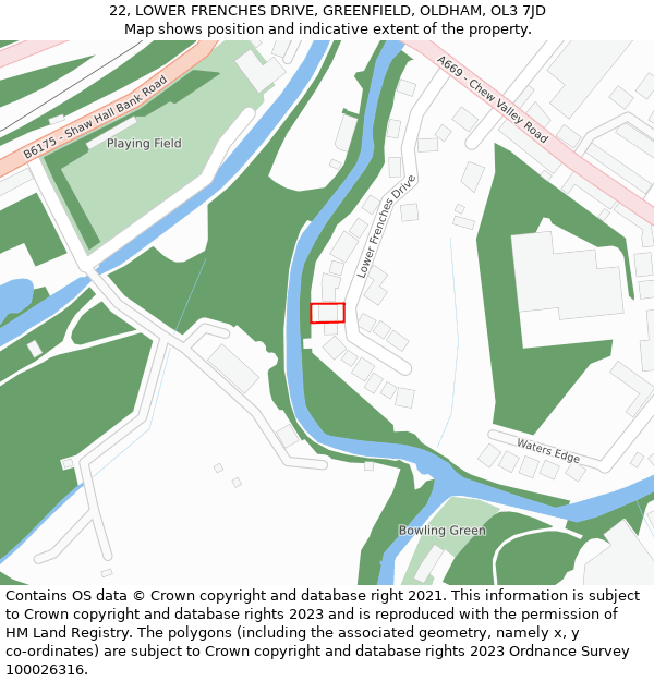 22, LOWER FRENCHES DRIVE, GREENFIELD, OLDHAM, OL3 7JD: Location map and indicative extent of plot